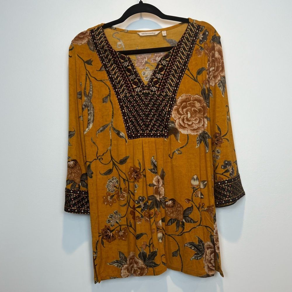 Soft Surroundings Etana Tunic Top SZ Med Mustard Gold Embroidered Floral Boho